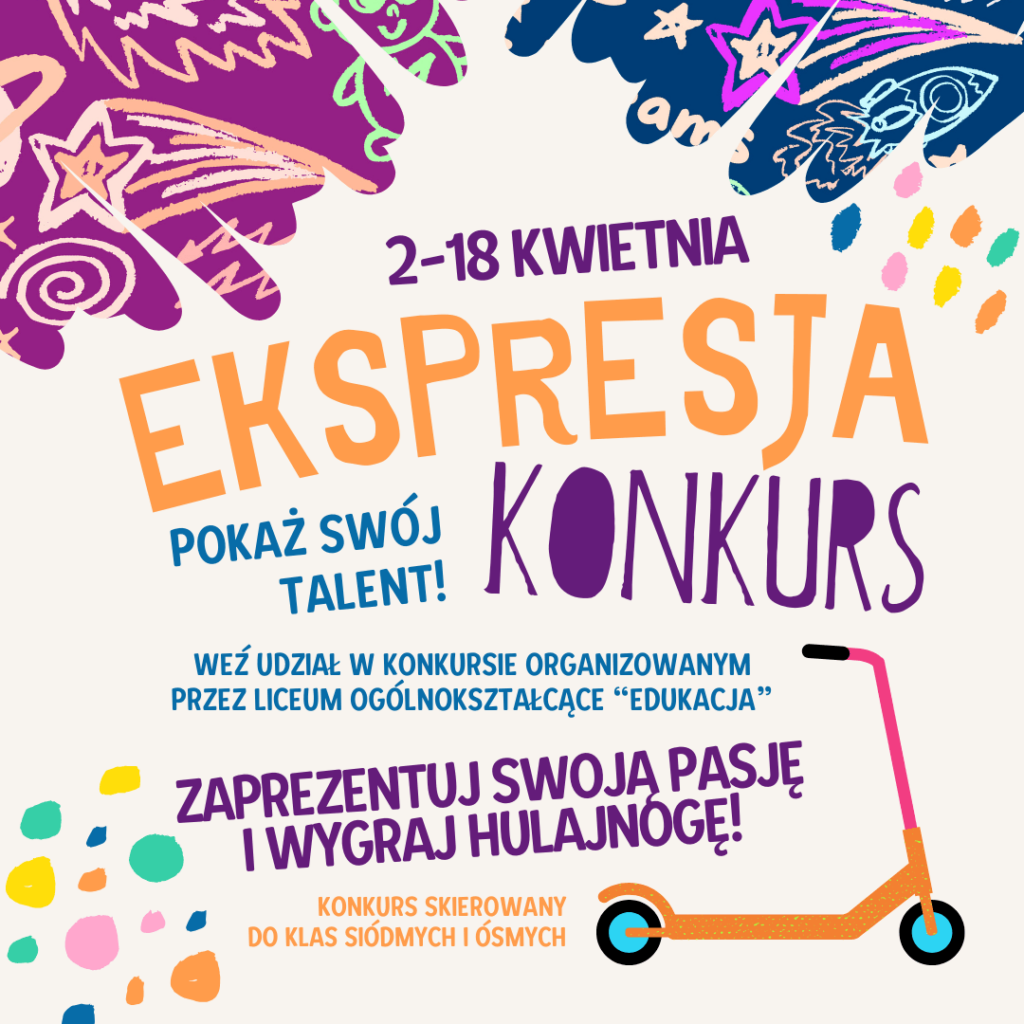 Baner konkursu "Ekspresja" z dynamicznym designem i kolorowymi szczegółami artystycznymi.