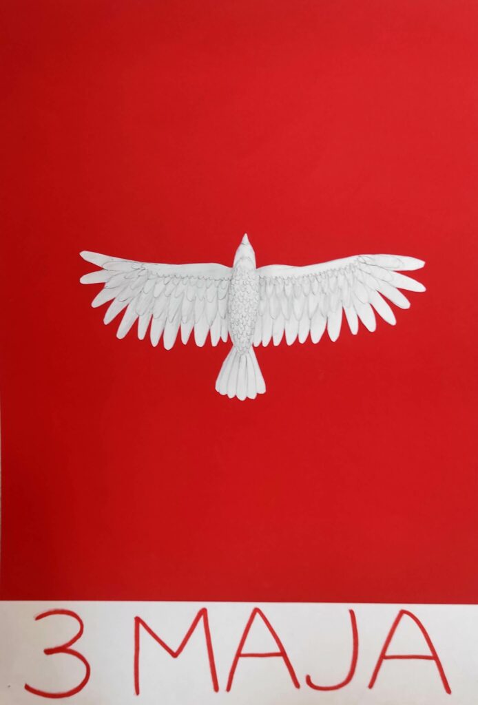 Plakat przedstawiający białego orła na czerwonym tle, zwycięzca konkursu plastycznego o tematyce patriotycznej.