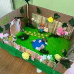 Zbliżenie na ręcznie wykonaną makietę ogrodu inspirowaną lekturą "Tajemniczy ogród" Francesa Hodgson Burnetta.